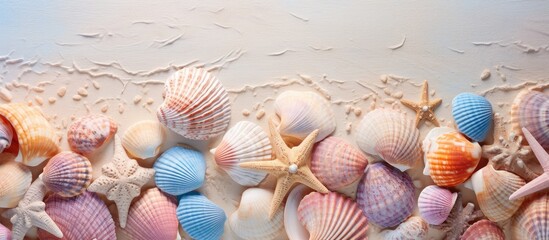 Fototapeta na wymiar Close up of seashell and ocean shell arrangement isolated pastel background Copy space