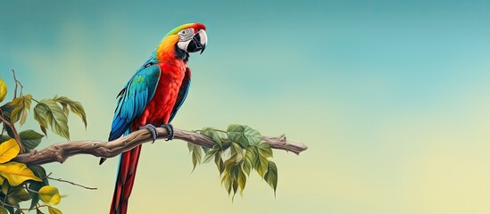 A vibrant parrot settled on a branch against a isolated pastel background Copy space a scarlet macaw