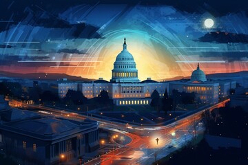 Futuristic urban backdrop of Washington DC with advanced technology. Digitally created illustration. Generative AI