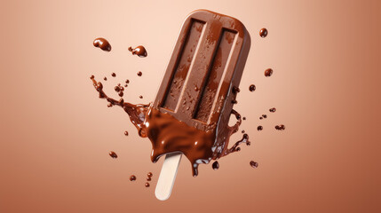 A captivating chocolate splash, featuring a luscious chocolate popsicle against a vibrant backdrop