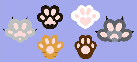 set of cat paws wallpaper, legs, dog paw, cat on purple background, kitten flat design, prints, cartoon, cute cat foot wallpaper vector illustration
