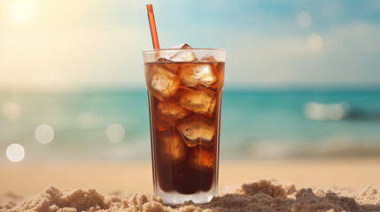 Savor an icy cold brew coffee in a glass, with waves gently caressing the hot sand, a summer's ideal mix of rejuvenation and tranquility - obrazy, fototapety, plakaty