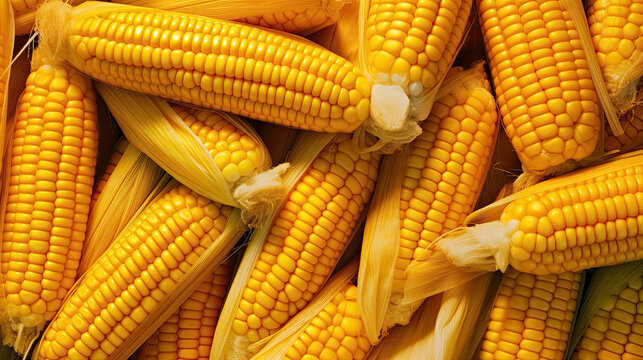 A compact grouping of golden corn cobs shines in the sunlight, ensuring delectable, succulent tastes of summer's harvest