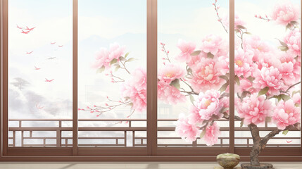 Chinese New Year joy, Spring couplets grace a classic window, ink peony in lovely pink hues. Luck blossoms like cherry flowers