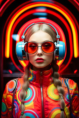A young woman in braids and glasses and headphones on her head. AI generative.
