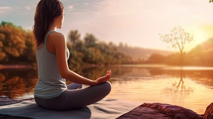 Fototapeta premium A calm woman by the riverside, practicing yoga beneath the golden sunset, discovers serenity amidst the splendor of the natural world