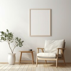 Harmonious Serenity: Minimalist White Chair and Lamp on Wooden Cabinet with Framed Poster, Zen-Inspired Earth Tones, Ambient Occlusion, and Flattering Lighting in Large Canvas Minimalism Mockup.