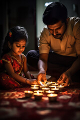 Cute girl with her father lighting diyas for diwali
