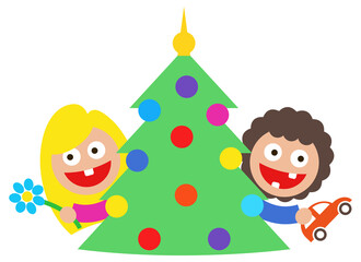 girl and boy merry christmas gift tree