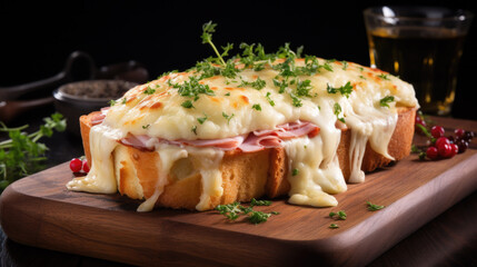 a delicious toast with ham and liquid cheese