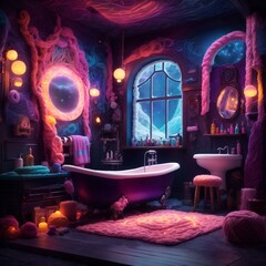 artwork of bathroom made of yarn with beautiful colors, lights and details 