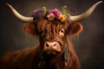 Brown Highland cow adorned with floral crown. Generative AI