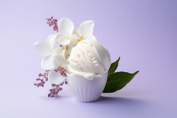 Obraz na płótnie Canvas White ice cream ball with flower and vanilla pod on gradient background. Generative AI