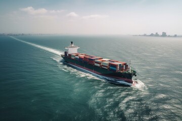 Aerial view of a container ship engaged in international water transport, shipping cargo to the harbor using cranes. Generative AI