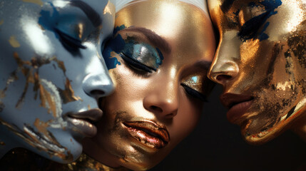 Close-up portrait of three women in metallic shiny paint