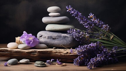Obraz na płótnie Canvas Stack of stones and lavenders in a spa still life
