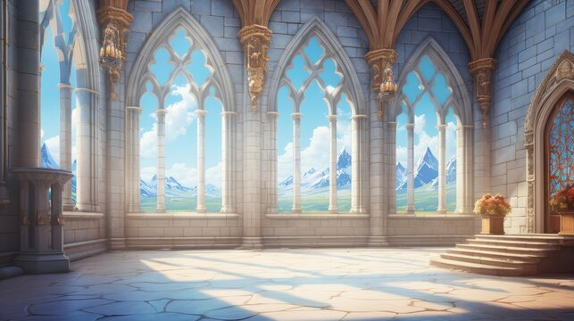 Bright Airy Room in Beautiful Fantasy Palace with Gothic Architecture or Elven Castle with View of Mountains