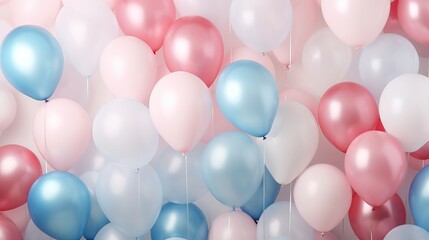 Pink and blue balloons are set against a stunning panoramic background. pastel party balloons in a group against a soft background.