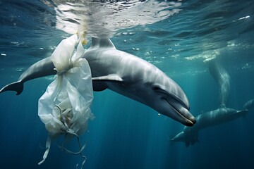 Dolphin engulfed by plastic bags in polluted ocean. Close-up depiction. Generative AI