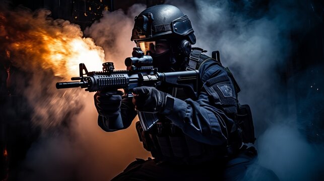 A male wearing a police tactical unit uniform and carrying a weapon. taken in a studio. On a black and green background, there is an explosion, smoke, and fire sparks.