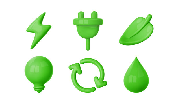 Green energy 3d icon. Recycle arrow, lightning,electric plug, leaf, light bulb, drop of water. Esg, sustainable energy, eco concept element. Vector illustration