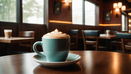 Obraz premium cup of hot coffee with cozy coffeehouse restaurant background, created using AI generative technology