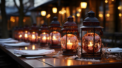 Fototapeta na wymiar Lanterns on restaurant tables in winter