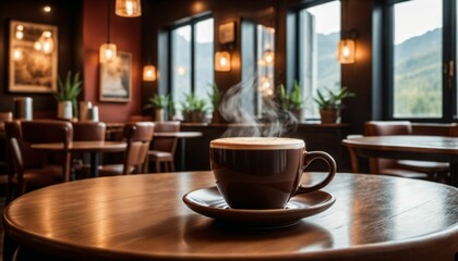 cup of hot coffee with cozy coffeehouse restaurant background, created using AI generative technology