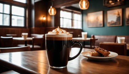 cup of hot coffee with cozy coffeehouse restaurant background, created using AI generative technology