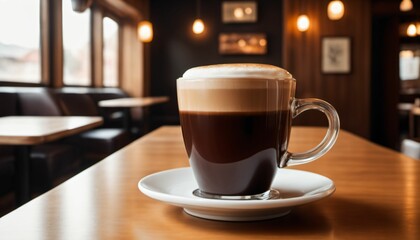 cup of hot coffee with cozy coffeehouse restaurant background, created using AI generative technology