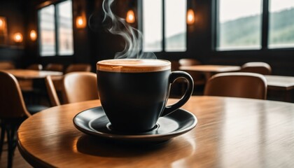 cup of hot coffee with cozy coffeehouse restaurant background, created using AI generative technology