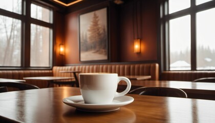 cup of hot coffee with cozy coffeehouse restaurant background, created using AI generative technology