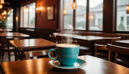 Fototapeta premium cup of hot coffee with cozy coffeehouse restaurant background, created using AI generative technology