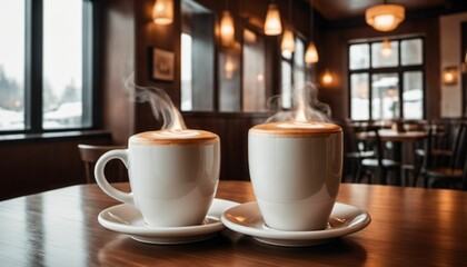 cup of hot coffee with cozy coffeehouse restaurant background, created using AI generative technology