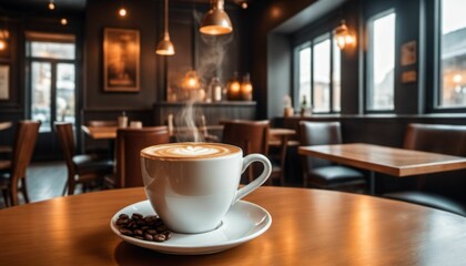 cup of hot coffee with cozy coffeehouse restaurant background, created using AI generative technology
