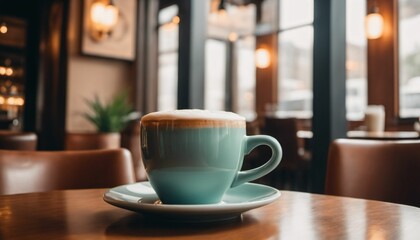 cup of hot coffee with cozy coffeehouse restaurant background, created using AI generative technology