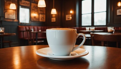 Obraz premium cup of hot coffee with cozy coffeehouse restaurant background, created using AI generative technology