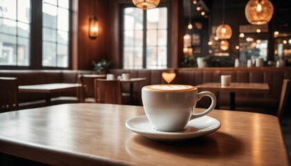 cup of hot coffee with cozy coffeehouse restaurant background, created using AI generative technology