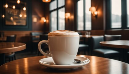 Fototapeta premium cup of hot coffee with cozy coffeehouse restaurant background, created using AI generative technology