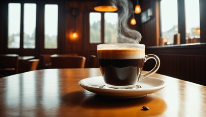 cup of hot coffee with cozy coffeehouse restaurant background, created using AI generative technology