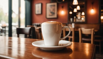 Obraz premium cup of hot coffee with cozy coffeehouse restaurant background, created using AI generative technology