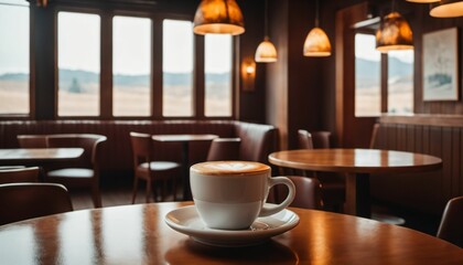cup of hot coffee with cozy coffeehouse restaurant background, created using AI generative technology