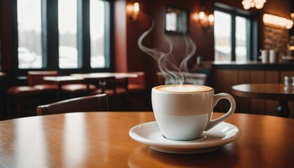 cup of hot coffee with cozy coffeehouse restaurant background, created using AI generative technology
