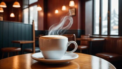 cup of hot coffee with cozy coffeehouse restaurant background, created using AI generative technology