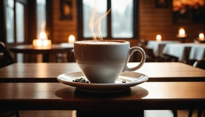 Fototapeta premium cup of hot coffee with cozy coffeehouse restaurant background, created using AI generative technology