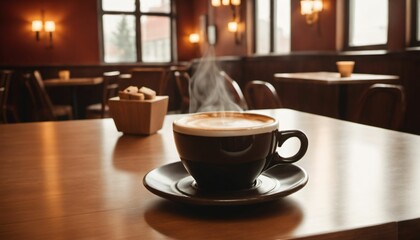 cup of hot coffee with cozy coffeehouse restaurant background, created using AI generative technology
