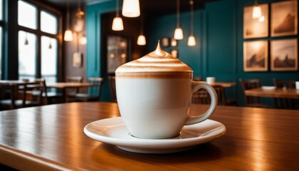 cup of hot coffee with cozy coffeehouse restaurant background, created using AI generative technology