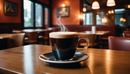 cup of hot coffee with cozy coffeehouse restaurant background, created using AI generative technology