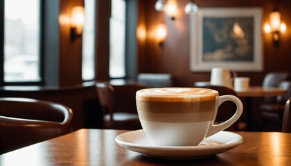 cup of hot coffee with cozy coffeehouse restaurant background, created using AI generative technology