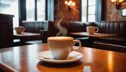 Obraz premium cup of hot coffee with cozy coffeehouse restaurant background, created using AI generative technology